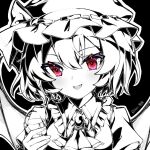  1girl bat_wings brooch hat hat_ribbon highres jewelry limited_palette mob_cap open_mouth red_eyes remilia_scarlet ribbon ringo_no_usagi_(artist) short_hair smile solo touhou upper_body wings 