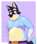  2024 anthro bandit_heeler black_eyes black_nose bluey_(series) canid canine canis clothed clothing domestic_dog eclipticafusion fur looking_down male mammal multicolored_body multicolored_fur nipples simple_background solo topless 