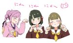  3girls :&lt; :3 ^_^ anyoji_hime black_hair black_ribbon blonde_hair blunt_bangs blunt_ends blush braid brown_dress brown_hair center-flap_bangs closed_eyes closed_mouth commentary cropped_torso dress flower flower_knot gradient_hair green_eyes hair_flower hair_ornament hair_ribbon hasu_no_sora_school_uniform highres jacket kachimachi_kosuzu kanzaki_gou link!_like!_love_live! long_hair long_sleeves love_live! momose_ginko multi-tied_hair multicolored_hair multiple_girls neckerchief nyan open_clothes open_jacket open_mouth paw_pose pink_hair pink_jacket ponytail ribbon sailor_collar sailor_dress school_uniform short_hair side_braids sidelocks simple_background straight_hair swept_bangs symbol-only_commentary translation_request virtual_youtuber white_background white_sailor_collar winter_uniform yellow_neckerchief 