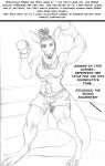  anthro arania bottomwear boxing_gloves breasts claws clothing dialogue dreadlocks english_text female fighting_ring fur greyscale handwear hi_res kangaroo macropod mammal marsupial monochrome open_mouth pouch_(anatomy) shirt shorts solo tank_top text toe_claws topwear water_bottle 