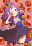  1girl acerola_(pokemon) apple armlet dress eating flipped_hair food fruit highres jumping medium_hair multicolored_clothes multicolored_dress one_eye_closed pokemon pokemon_sm pokemon_usum purple_dress purple_eyes purple_hair refisa solo solo_focus stitches topknot torn_clothes torn_dress 