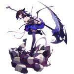  ask_(askzy) black_footwear black_hair dress honkai_(series) purple_dress purple_eyes seele_vollerei short_hair sickle standing standing_on_one_leg thighhighs 