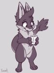  2021 4_fingers anthro beverage coffee container cup female fingers grey_background greyscale hi_res holding_cup holding_object inner_ear_fluff looking_at_object monochrome monster neck_tuft signature simple_background solo spot_color standing tail_tuft tuft yurusa 