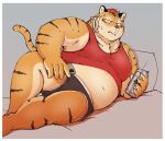  2022 anthro aretna bed belly cellphone clothing felid furniture hi_res humanoid_hands kemono lying male mammal navel overweight overweight_male pantherine phone pillow shirt smartphone solo tiger topwear underwear 