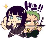  1boy 1girl black_pants blue_eyes blunt_bangs boots chibi extra_arms green_eyes haramaki holding holding_sword holding_weapon line_sticker_available lowres medium_hair nico_robin one_piece open_clothes open_shirt pants roronoa_zoro scar scar_on_chest shirt short_hair smile sparkle sword v-shaped_eyebrows weapon wl6yugi8go1 yellow_shirt zipper_dress 