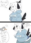  :&lt; :3 anthro blue_bottomwear blue_clothing blue_hoodie blue_pants blue_topwear blue_underwear blush bone bottomwear canid canine canis chubby_female clothed clothing comic dialogue digital_media_(artwork) domestic_dog excited female floppy_ears food fur grey_hands grumpy hair hair_over_eye hi_res hoodie looking_aside mammal one_eye_obstructed pants profanity puppychan puppychan48 short_hair simple_background solo star_eyes tail_motion tailwag topwear treat underwear white_background white_body white_fur 