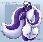  annoyed anthro big_butt blue_eyes butt butt_focus ceruleanazura dialogue english_text female fur hi_res lavender_(ceruleanazura) long_tail looking_back mammal mephitid nude purple_body purple_fur simple_background skunk solo tail_over_shoulder talking_to_viewer text white_body white_butt white_fur 