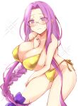  1girl arm_between_breasts bare_shoulders between_breasts bikini blush braid braided_ponytail breasts cleavage fate/stay_night fate_(series) glasses gold_bikini large_breasts long_braid long_hair looking_at_viewer medusa_(fate) medusa_(rider)_(fate) ponytail purple_eyes purple_hair solo swimsuit very_long_hair zanku 