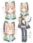  1girl absurdres anger_vein animal_ear_headphones animal_ears black_footwear black_shorts black_thighhighs blonde_hair blue_archive blue_necktie blush boots bow cat_tail closed_eyes closed_mouth collared_shirt fake_animal_ears green_bow green_eyes hair_bow headphones highres jacket kamotsu_yasai long_sleeves midori_(blue_archive) multiple_views necktie open_clothes open_jacket pout shirt short_hair shorts simple_background tail thighhighs translation_request white_background white_jacket white_shirt 