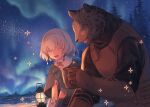  1boy 1girl :d aurora bangs braid brown_cloak chorefuji cloak closed_eyes cloud commentary_request cowlick cup eyebrows_visible_through_hair furry furry_male gloves grey_hair happy holding holding_cup holom_(chorefuji) lantern leather leather_gloves liquid medium_hair night open_mouth original outdoors sitting sky smile sparkle star_(sky) tezka_(chorefuji) tongue tree water 