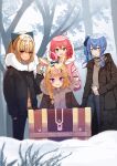  4girls absurdres animal_ears blonde_hair blue_hair chest coat cup disposable_cup elf fox_ears fox_girl fur-trimmed_coat fur_trim highres holding holding_cup hololive hoshimachi_suisei multiple_girls omaru_polka peleu pink_hair pointy_ears sakura_miko shiranui_flare snow virtual_youtuber winter winter_clothes 