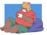  2024 anthro belly bottomwear brown_body canid canine cellphone clothing electronics eyewear glasses hi_res humanoid_hands inunoshippo kemono male mammal overweight overweight_male phone raccoon_dog shirt shorts simple_background sitting smartphone solo tanuki topwear 