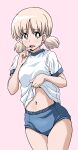  1girl aki_(girls_und_panzer) bangs blue_buruma blush bright_pupils buruma clothes_lift commentary cowboy_shot eyebrows_visible_through_hair finger_to_mouth frown girls_und_panzer green_eyes gym_shirt gym_uniform hair_tie highres lifted_by_self light_brown_hair looking_at_viewer low_twintails navel open_mouth pink_background ponzu_rui shirt shirt_lift short_hair short_sleeves short_twintails simple_background solo standing twintails white_pupils white_shirt 