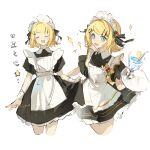  1girl :3 alternate_costume apron black_dress black_ribbon blonde_hair blue_eyes collar collared_dress dress drink enmaided fang frilled_apron frilled_hairband frills hair_ornament hair_ribbon hairband hairclip heart heart_hair_ornament highres holding holding_drink holding_plate kagamine_rin looking_at_viewer maid maid_apron maid_day maid_headdress open_mouth petticoat plate ribbon short_hair short_sleeves sideways_glance skirt_hold smile solo sparkle vocaloid white_apron white_collar wrist_cuffs zeriko 
