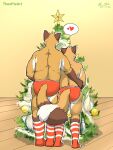 anthro arm_around_waist canid canine christmas christmas_tree clothing duo footwear fox hi_res holidays lube_bottle male mammal plant socks theopieart tree underwear