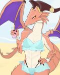  2021 anthro bikini breasts brunhilda_(dragalia_lost) claws clothed clothing cygames digital_media_(artwork) dragalia_lost dragon female genitals hi_res horn membrane_(anatomy) membranous_wings nintendo open_mouth red_body red_scales scales simple_background solo swimwear unknown_artist video_games wings 