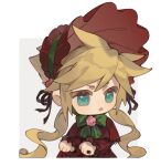  1boy alternate_costume alternate_hairstyle black_ribbon blonde_hair blue_eyes bonnet bow chibi chinese_commentary cloud_strife commentary_request cosplay crossdressing dress final_fantasy final_fantasy_vii flower green_bow grey_background hair_flower hair_ornament hair_ribbon jewelry lace_trim long_sleeves looking_to_the_side male_focus maomaoyu neck_ribbon open_mouth pink_flower puffy_long_sleeves puffy_sleeves red_bonnet red_dress ribbon ring rozen_maiden shinku shinku_(cosplay) short_hair_with_long_locks sidelocks simple_background twintails upper_body 