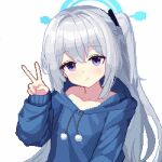  1girl blue_archive blue_halo blue_hoodie blush closed_mouth collarbone grey_hair hair_between_eyes halo highres hood hood_down hoodie long_hair long_sleeves looking_at_viewer miyako_(blue_archive) miyako_(young)_(blue_archive) one_side_up pixel_art purple_eyes simple_background solo tinia_etru upper_body v white_background 