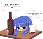  1girl alcohol beer blue_hair blunt_bangs bottle crying crying_with_eyes_open cup english_text evilfrap furude_rika hair_behind_ear highres higurashi_no_naku_koro_ni holding holding_bottle holding_cup looking_down nipa~ open_mouth purple_eyes raised_inner_eyebrows sidelocks solo speech_bubble tears 