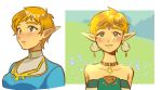  1girl absurdres alternate_hairstyle ao_clover blonde_hair blush breasts dress earrings green_eyes highres jewelry looking_at_viewer multiple_views open_mouth pixie_cut pointy_ears princess_zelda short_hair smile solo the_legend_of_zelda the_legend_of_zelda:_breath_of_the_wild the_legend_of_zelda:_tears_of_the_kingdom very_short_hair 