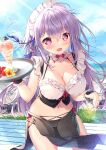  1girl :d beach blue_sky blush breasts cleavage collarbone commentary_request day detached_collar flower hair_between_eyes hibiscus highres holding holding_tray horizon looking_at_viewer maid maid_day maid_headdress medium_breasts mikeou navel ocean open_mouth original outdoors parfait pelvic_curtain purple_eyes purple_hair revision sky smile solo standing sunlight tray wrist_cuffs 