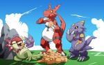  anthro bandai_namco belly bread claws digimon digimon_(species) eating elemental_creature flora_fauna floramon food green_body group guilmon hi_res jonathanchimney monodramon outside overweight plant purple_body red_body smile trio 
