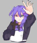  1girl archived_source artist_request asymmetrical_arms black_nails black_shirt blue_eyes braid check_artist cropped_torso cross drawfag grey_background head_wings heterochromia holding holding_cross long_sleeves looking_at_viewer nijisanji nijisanji_en purple_eyes purple_hair safety_pin selen_tatsuki shaded_face shirt simple_background slit_pupils solo twin_braids upper_body virtual_youtuber wings 