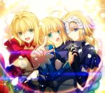  3girls ahoge armor artoria_pendragon_(fate) blonde_hair blue_dress blue_eyes braid breasts chain cleavage dress epaulettes fate/apocrypha fate/extra fate/extra_ccc fate/grand_order fate/hollow_ataraxia fate/stay_night fate/unlimited_codes fate/zero fate_(series) french_braid glowing glowing_petals green_eyes hair_between_eyes hair_intakes hair_ribbon headpiece interlocked_fingers jeanne_d&#039;arc_(fate) jeanne_d&#039;arc_(ruler)_(fate) juliet_sleeves large_breasts long_hair long_sleeves looking_at_viewer medium_breasts multiple_girls nero_claudius_(fate) nero_claudius_(fate/extra) official_art open_mouth petals puffy_sleeves rainbow red_dress ribbon saber_(fate) single_braid smile sparkle takeuchi_takashi very_long_hair 