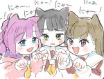  3girls :d animal_ears anyoji_hime black_hair blue_eyes blunt_bangs blunt_ends blush brown_dress brown_hair cat_ears cat_girl center-flap_bangs commentary_request deformed dress fang green_eyes hasu_no_sora_school_uniform highres jacket kachimachi_kosuzu kemonomimi_mode link!_like!_love_live! long_hair long_sleeves looking_at_viewer love_live! momose_ginko multi-tied_hair multiple_girls neckerchief nyan open_clothes open_jacket open_mouth pink_eyes pink_hair pink_jacket ponytail sailor_collar sailor_dress school_uniform short_hair sidelocks simple_background smile straight_hair swept_bangs translation_request v-shaped_eyebrows virtual_youtuber white_background white_sailor_collar winter_uniform yellow_neckerchief zunda_mochi_(zundamochilala) 