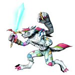  abs anthro bandai_namco canid canine canis colored_nails digimon fak&eacute;mon fishnet hi_res humor male mammal melee_weapon muscular muscular_anthro muscular_male nails sabedilemon solo sparkledog sword weapon wolf 