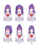  1girl :d bangs blue_eyes blush bow frown hair_bun hair_ornament hairclip highres long_hair long_sleeves looking_at_viewer mole mole_under_eye multiple_views original purple_hair red_bow school_uniform shirt side_ponytail smile twintails unjem white_background white_shirt 