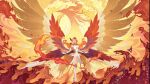  1girl afk_arena breasts cleavage dress feathered_wings feathers gloves hair_ornament head_wings highres looking_at_viewer red_hair solo talene_(afk_arena) white_dress white_gloves wings yellow_eyes 
