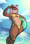  anthro beach bear bikini breasts bulge clothing female gold_bikini hair hi_res inflatable inner_tube intersex mammal navel pink_hair pinkupinkish solo swimwear 