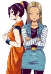  2girls anbj android_18 android_18_(cosplay) black_hair black_legwear blue_eyes brown_hair clenched_hand cosplay crossed_arms denim denim_jacket denim_skirt dougi dragon_ball earrings idolmaster idolmaster_cinderella_girls jacket jewelry long_hair long_sleeves matsunaga_ryou multiple_girls ponytail skirt smile son_goku son_goku_(cosplay) sugisaka_umi toriyama_akira_(style) wristband 