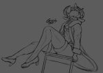  anthro asmodeus_(kings_of_hell) bottomwear calf chair clothing crown femboy footwear furniture gwizzly hair hair_over_eyes headgear high_heels horn kings_of_hell male monochrome robe shorts sitting smile solo 