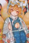  1girl :d blonde_hair breasts cleavage_cutout clothing_cutout dress fox_tail hair_between_eyes hat long_sleeves looking_at_viewer marker_(medium) monji_(monzi328) multiple_tails smile solo tail touhou traditional_media upper_body yakumo_ran 