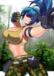  1girl akisu_k arm_pouch bare_shoulders blue_eyes blue_hair breasts camouflage cargo_pants chromatic_aberration crop_top earrings jewelry leona_heidern pants ponytail sleeveless soldier solo tank_top the_king_of_fighters the_king_of_fighters_xv triangle_earrings twisted_torso vegetation yellow_tank_top 