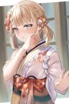  1girl absurdres bangs blonde_hair blue_eyes blush commentary_request hair_ornament hakama hand_up highres hololive japanese_clothes kabi_akaru kazama_iroha kimono looking_at_viewer obi orange_hakama parted_lips pink_kimono pom_pom_(clothes) pom_pom_hair_ornament sash short_hair solo twintails upper_body virtual_youtuber 