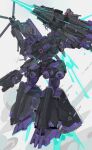  absurdres arm_up armored_core armored_core_6 full_body highres holding holding_weapon laser mecha mecha_focus no_humans nslacka open_faith_(armored_core_6) red_eyes robot science_fiction shoulder_cannon thrusters weapon white_background 
