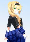  1girl absurdres black_hairband black_shirt blonde_hair blue_jacket cowboy_shot dokibird_(vtuber) double-parted_bangs green_eyes grin hair_between_eyes hair_intakes hair_ornament hairband hashtag-only_commentary highres indie_virtual_youtuber jacket jacket_partially_removed long_hair looking_at_viewer looking_back mafrn3_(g03s) shirt short_sleeves side_ponytail sidelocks simple_background smile solo star_(symbol) star_hair_ornament striped_clothes striped_jacket teeth vertical-striped_clothes vertical-striped_jacket virtual_youtuber white_background x_hair_ornament 
