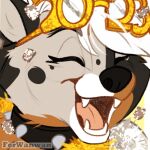 1:1 2022 anthro collar confetti eyebrows eyes_closed eyewear fangs female ferwanwan fur glasses hair holidays icon low_res mammal multicolored_body multicolored_fur new_year open_mouth open_smile smile solo sparkles species_request spiked_collar spikes teeth tongue watermark