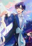  1boy :d a3! artist_name black_gloves black_hair blue_eyes bow bowtie cloud confetti day feathers gloves highres holding_hands idol_clothes long_sleeves male_focus smile standing taka_banyaaa tsukioka_tsumugi white_bow white_bowtie white_feathers 