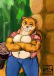 anthro belly_overhang biceps bottomwear chest_fur chest_tuft clothed clothing crossed_arms denim denim_bottomwear denim_clothing digital_drawing_(artwork) digital_media_(artwork) disappointed flannel_shirt forest fur grilling jeans log_cabin male malle_yeno mammal musclegut muscular muscular_male mustelid open_clothing open_shirt open_topwear otter pants pecs plant sfw shirt striped_body striped_fur stripes topwear tree tuft