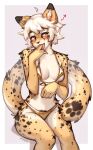  anthro aurora_(spacecamper) bikini breasts cheetah clothed clothing felid feline female finger_in_mouth fluffy fluffy_tail front_view gold_bikini hair hi_res mammal sitting skimpy solo spuydjeks swimwear tail tongue tongue_out white_hair 