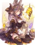  1girl animal_ears asymmetrical_hair breasts brown_hair brown_horns closed_eyes commission detached_sleeves draph erune extra_ears frilled_sleeves frills galleon_(granblue_fantasy) gloves granblue_fantasy haku_(sabosoda) harvin highres horns large_breasts multicolored_hair pointy_ears seiza sitting skeb_commission solo streaked_hair stuffed_toy white_gloves 