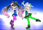  2girls ;) ankle_boots arm_up bare_shoulders black_footwear black_hair black_shorts blue_dress blue_jumpsuit boots bow-shaped_hair breasts callie_(splatoon) cleavage cousins covered_navel detached_collar dress earrings food food_on_head gradient_hair green_hair green_pantyhose grey_hair groin hand_up highres holding holding_microphone humanization jewelry jumpsuit koharu2.5 leg_up marie_(splatoon) microphone mole mole_under_eye multicolored_hair multiple_girls object_on_head one_eye_closed outline pantyhose pink_hair pink_pantyhose short_dress short_eyebrows short_jumpsuit shorts shorts_under_dress small_breasts smile splatoon_(series) splatoon_1 standing standing_on_one_leg strapless strapless_dress two-tone_hair white_outline yellow_eyes 