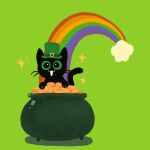 :3 absurd_res ambiguous_gender black_body black_fur clothing cloud coin feral fur green_eyes hat headgear headwear hi_res holidays leprechaun little_kitty_(lkbc) little_kitty_big_city official_art open_mouth paws rainbow shanhorandraws solo st._patrick&#039;s_day tail whiskers