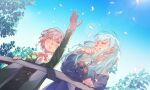  2girls bang_dream! bang_dream!_it&#039;s_mygo!!!!! black_ribbon blue_hair blue_shirt blue_sky closed_eyes collared_shirt day falling_feathers feathers green_jacket grey_hair grin hair_ribbon haneoka_school_uniform highres jacket jiguang_haibao long_hair long_sleeves multiple_girls neck_ribbon neckerchief outdoors parted_lips railing red_eyes red_neckerchief red_ribbon ribbon sailor_collar school_uniform shirt short_hair sky smile takamatsu_tomori togawa_sakiko tree tsukinomori_school_uniform two_side_up upper_body white_sailor_collar white_shirt 