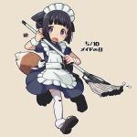  1girl alternate_costume animal_ears apron black_footwear black_hair blue_dress brown_background commentary_request dated dress enmaided fang fox_ears fox_girl fox_tail frilled_apron frills full_body holding kukuri_(mawaru) looking_at_viewer maid maid_apron maid_day maid_headdress mawaru_(mawaru) mop open_mouth original pleated_dress puffy_short_sleeves puffy_sleeves purple_eyes shoe_soles shoes short_sleeves simple_background solo tail thighhighs translation_request white_apron white_thighhighs 