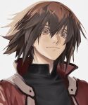  1boy absurdres aug_ta black_shirt brown_eyes brown_hair closed_mouth highres jacket light_blush light_smile looking_at_viewer open_clothes open_jacket portrait red_jacket rotated shirt short_hair simple_background white_background yu-gi-oh! yu-gi-oh!_gx yuki_judai 